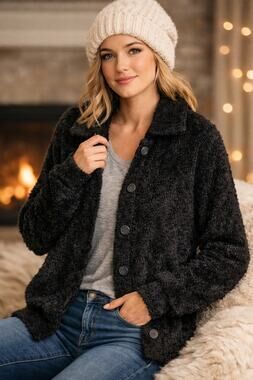 Black Teddy Fleece Cardigan Jacket Small Button Front Fuzzy Pockets Susina